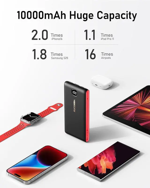 Alt view image 6 of 7 - VEEKTOMX Portable Charger with Built in Cables 10000mAh, Power Bank for iPhone with AC Wall Plug, Fast Charging USB C Slim Battery Pack with LED Display Compatible with iPhone16/15/14/13, Samsung