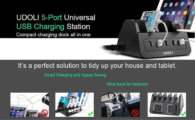 Alt view image 3 of 7 - 5 USB Ports Charging Station Organizer for Multiple Devices Fast Charging Desktop Stand for Apple Android Phone Tablet 1600W 2 AC Power Outlets Charger Dock for Home Office 3 Prong Cord Black