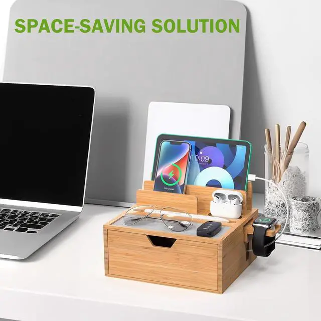Alt view image 6 of 7 - Pezin & Hulin Bamboo Charging Station for Multi Device, with Power Charger & Cables, Nightstand Docking Station with Lined Tray & Drawer, Compatible with Tablet, Cell Phones