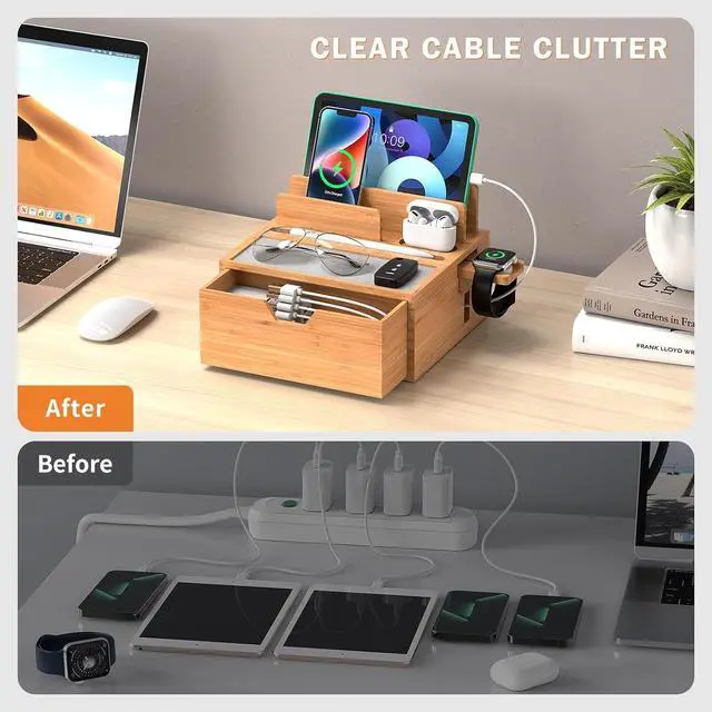 Alt view image 7 of 7 - Pezin & Hulin Bamboo Charging Station for Multi Device, with Power Charger & Cables, Nightstand Docking Station with Lined Tray & Drawer, Compatible with Tablet, Cell Phones