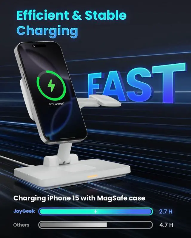Alt view image 3 of 7 - Wireless Charger for Mag-Safe Charging Station: JoyGeek 3 in 1 Magnetic Travel Stand Charge for iPhone 16 15 14 13 12 Pro Max Plus - Apple Watch 10 9 8 7 6 5 4 3 2 SE - AirPods Pro 2/3/4(White)