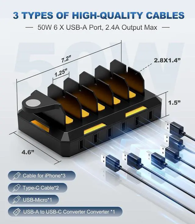Alt view image 7 of 7 - Charging Station for Multiple Devices, Honcila 6 in 1 Multi Charger Station Charging Dock for Cellphone Tablet iPhone iPad and More - 50W Charging Station Organizer with 6 Mixed Charging Cables