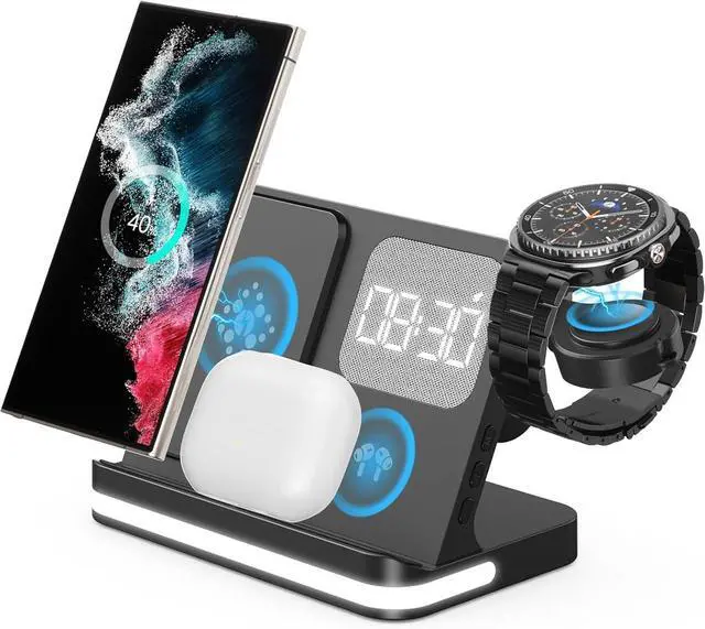 Main image of 4 in 1 Wireless Charger with Alarm Clock Compatible for Galaxy Watch 8/7/Ultra/FE/6 Pro Galaxy S25/Ultra/S25+/S24/S23/Note 20/Z Flip 7/6/5 Fold 6 Galaxy Buds 3/2/Pro Multiple Devices Charging Station