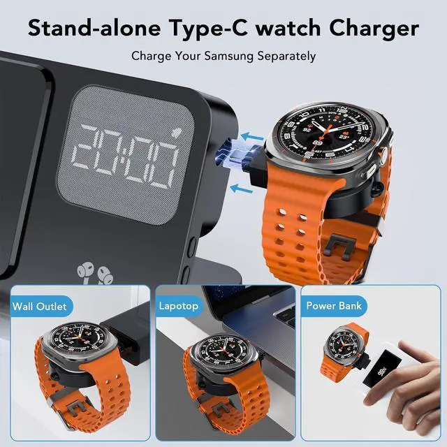 Alt view image 4 of 7 - 4 in 1 Wireless Charger with Alarm Clock Compatible for Galaxy Watch 8/7/Ultra/FE/6 Pro Galaxy S25/Ultra/S25+/S24/S23/Note 20/Z Flip 7/6/5 Fold 6 Galaxy Buds 3/2/Pro Multiple Devices Charging Station