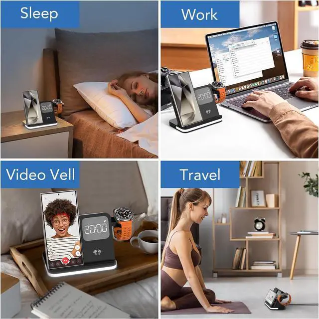 Alt view image 7 of 7 - 4 in 1 Wireless Charger with Alarm Clock Compatible for Galaxy Watch 8/7/Ultra/FE/6 Pro Galaxy S25/Ultra/S25+/S24/S23/Note 20/Z Flip 7/6/5 Fold 6 Galaxy Buds 3/2/Pro Multiple Devices Charging Station