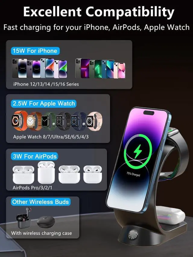 Alt view image 5 of 7 - Mag-Safe 3 in 1 Wireless Charging Station, [6-Color RGB Light] 15W Fast Magnetic Wireless Charger Stand for Multiple Devices Apple, for iPhone 16 15 14 13 12 Pro Max/Plus/Pro, for iWatch 2 to 9