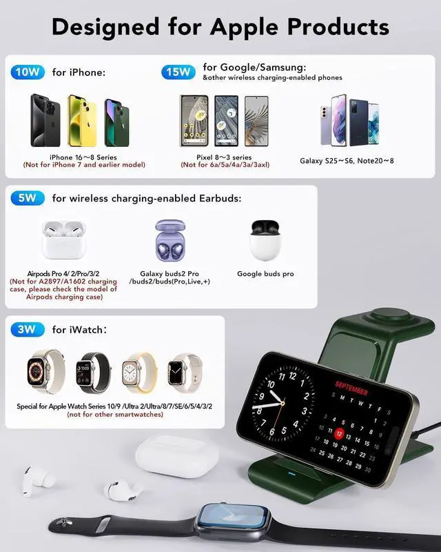 Alt view image 3 of 7 - HATALKIN 3 in 1 Wireless Charging Station Compatible for Apple Products Multiple Devices Charger for Apple Watch ultra 10 9 8 7 SE 6 5 AirPods Pro iPhone 16 15 14 13 12 Pro Max/X/XS Fast Charger Stand