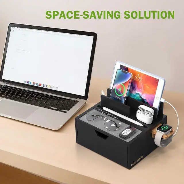 Alt view image 6 of 7 - Pezin & Hulin Bamboo Charging Station for Multi Device with 5 USB Charger HUB, Phone Docking Station with Lined Tray & Drawer(Include 5 Charger Cables)-Black