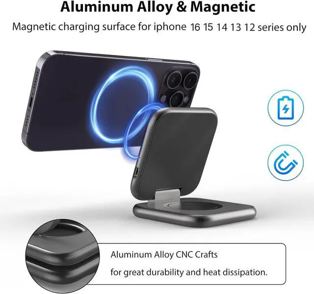 Alt view image 3 of 7 - 2 in 1 Foldable Mini Travel Wireless Charger Stand for Apple, KUXIU Aluminum Alloy Magnetic Charging Station Compatible with iPhone 15/14/13/12Pro/Max, 5W Fast Charging Watch 9/8/7/Ultra2, AirPods Pro
