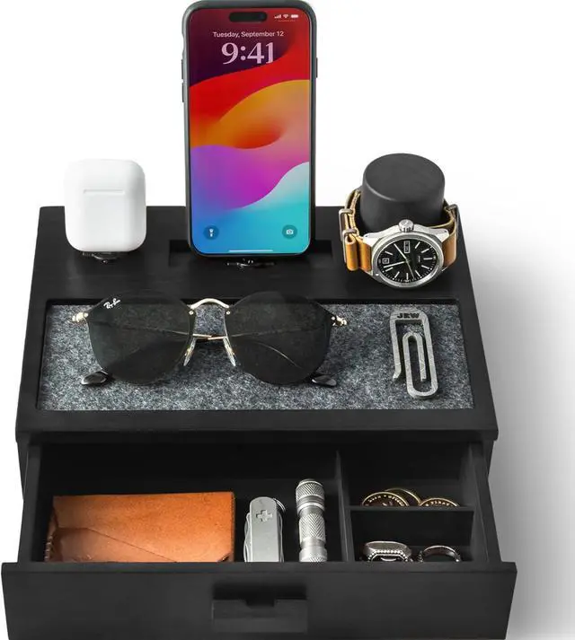 Main image of Premium Wooden Phone Docking Station with Drawer  Nightstand Organizer for Charging Phone & Earbuds  Declutter Your Space with Felt-Lined Protection & Watch Pillar  Gift For Men