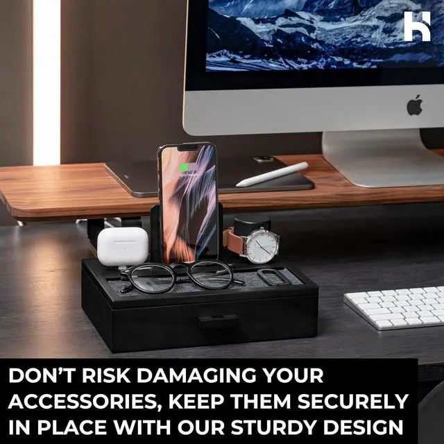 Alt view image 4 of 7 - Premium Wooden Phone Docking Station with Drawer  Nightstand Organizer for Charging Phone & Earbuds  Declutter Your Space with Felt-Lined Protection & Watch Pillar  Gift For Men