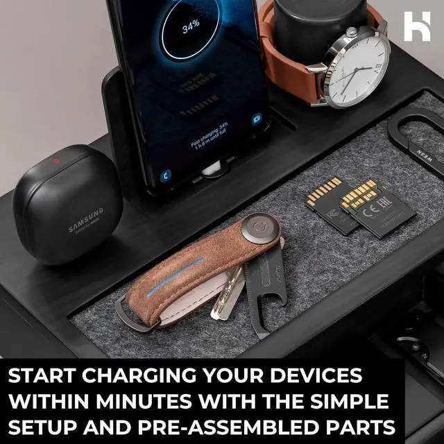 Alt view image 6 of 7 - Premium Wooden Phone Docking Station with Drawer  Nightstand Organizer for Charging Phone & Earbuds  Declutter Your Space with Felt-Lined Protection & Watch Pillar  Gift For Men