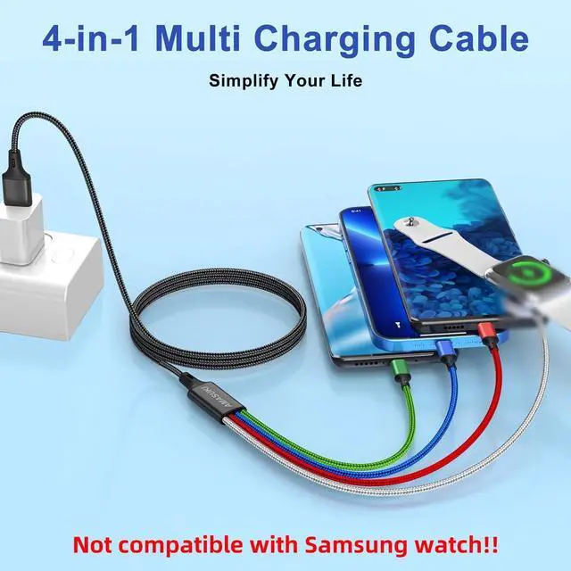 Alt view image 2 of 7 - Upgraded Multi Charging Cable for Apple Watch Charger 4 in 1 Magnetic iWatch Charger Nylon Braided USB C/L/Micro Compatible with iWatch Series 10-1/iPhone 16 15/Galaxy Android-4FT