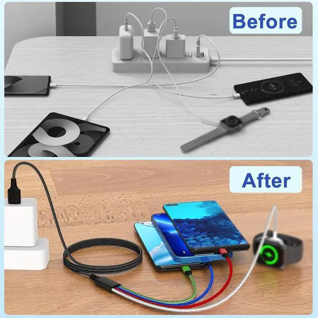 Alt view image 4 of 7 - Upgraded Multi Charging Cable for Apple Watch Charger 4 in 1 Magnetic iWatch Charger Nylon Braided USB C/L/Micro Compatible with iWatch Series 10-1/iPhone 16 15/Galaxy Android-4FT