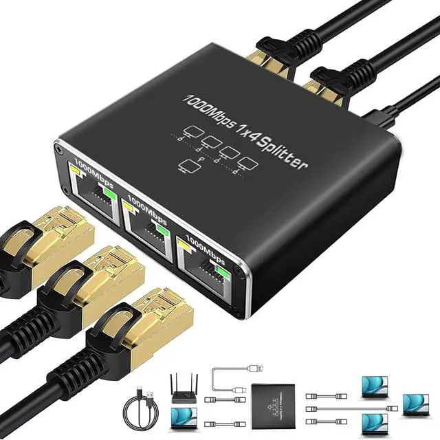 Main image of Gigabit Ethernet Splitter 1 to 4 High Speed, 1000Mbps LAN Splitter (4 Devices Simultaneous Networking), RJ45 Splitter Adapter with USB Power Cable, Internet Splitter for Cat5/5e/6/7/8 Cable