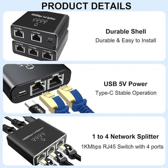 Alt view image 4 of 7 - Gigabit Ethernet Splitter 1 to 4 High Speed, 1000Mbps LAN Splitter (4 Devices Simultaneous Networking), RJ45 Splitter Adapter with USB Power Cable, Internet Splitter for Cat5/5e/6/7/8 Cable