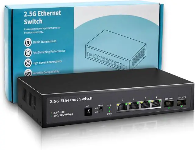 Main image of STEAMEMO 2.5G Switch, 6 Port Multi-Gig Unmanaged Ethernet Hub, 4X 2.5GbE RJ45, 2X 10G SFP+, 60Gbps - for Gaming, NAS, 4K Streaming - Plug & Play, One-Key VLAN, Silent