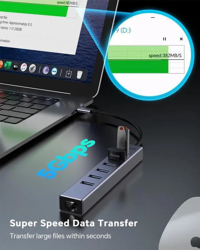 Alt view image 3 of 7 - USB 3.0 Hub, 8 Ports USB Ethernet Hub, with 7 USB 3.0 Port, 5V Extra Power Port, Aluminum Shell USB A HUB, USB Expander for Laptop, Flash Drive, HDD, Printer,Keyborad, Mouse