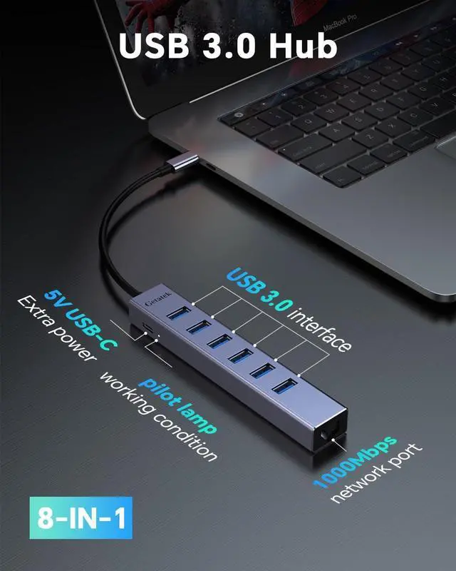 Alt view image 2 of 7 - USB 3.0 Hub, 8 Ports USB Ethernet Hub, with 7 USB 3.0 Port, 5V Extra Power Port, Aluminum Shell USB A HUB, USB Expander for Laptop, Flash Drive, HDD, Printer,Keyborad, Mouse