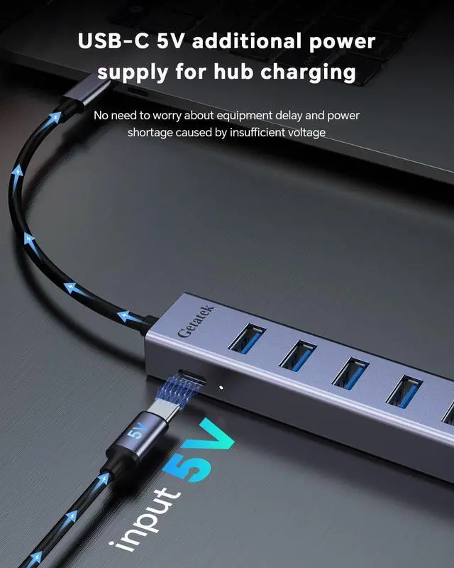 Alt view image 4 of 7 - USB 3.0 Hub, 8 Ports USB Ethernet Hub, with 7 USB 3.0 Port, 5V Extra Power Port, Aluminum Shell USB A HUB, USB Expander for Laptop, Flash Drive, HDD, Printer,Keyborad, Mouse