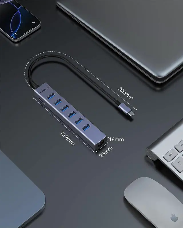 Alt view image 7 of 7 - USB 3.0 Hub, 8 Ports USB Ethernet Hub, with 7 USB 3.0 Port, 5V Extra Power Port, Aluminum Shell USB A HUB, USB Expander for Laptop, Flash Drive, HDD, Printer,Keyborad, Mouse