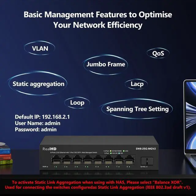Alt view image 2 of 6 - 8 Port 2.5Gb Web Managed Ethernet Network Switch with 8 x 2.5 Gigabit | 1 x 10G SFP+ | Work with 10-100-1000Mbps Devices | 60G Bandwidth | Fanless Quiet Metal Internet Switch