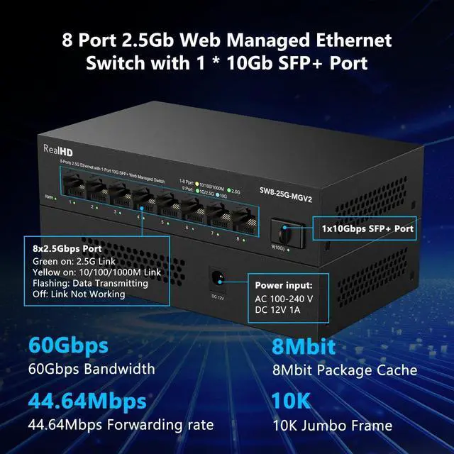 Alt view image 4 of 6 - 8 Port 2.5Gb Web Managed Ethernet Network Switch with 8 x 2.5 Gigabit | 1 x 10G SFP+ | Work with 10-100-1000Mbps Devices | 60G Bandwidth | Fanless Quiet Metal Internet Switch