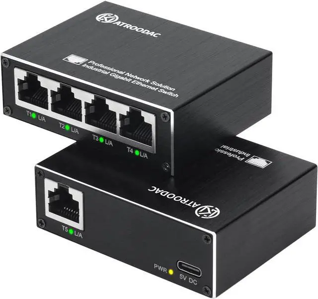 Main image of Mini Ethernet Switch 5 Ports Gigabit Enhanced Protection 10/100/1000 Mbps Unmanaged Network Switch Plug & Play Office Ethernet Splitter Fanless Silent Metal Case Network Hub Desktop Design