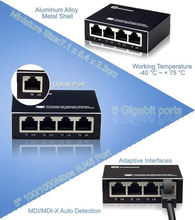 Alt view image 2 of 7 - Mini Ethernet Switch 5 Ports Gigabit Enhanced Protection 10/100/1000 Mbps Unmanaged Network Switch Plug & Play Office Ethernet Splitter Fanless Silent Metal Case Network Hub Desktop Design