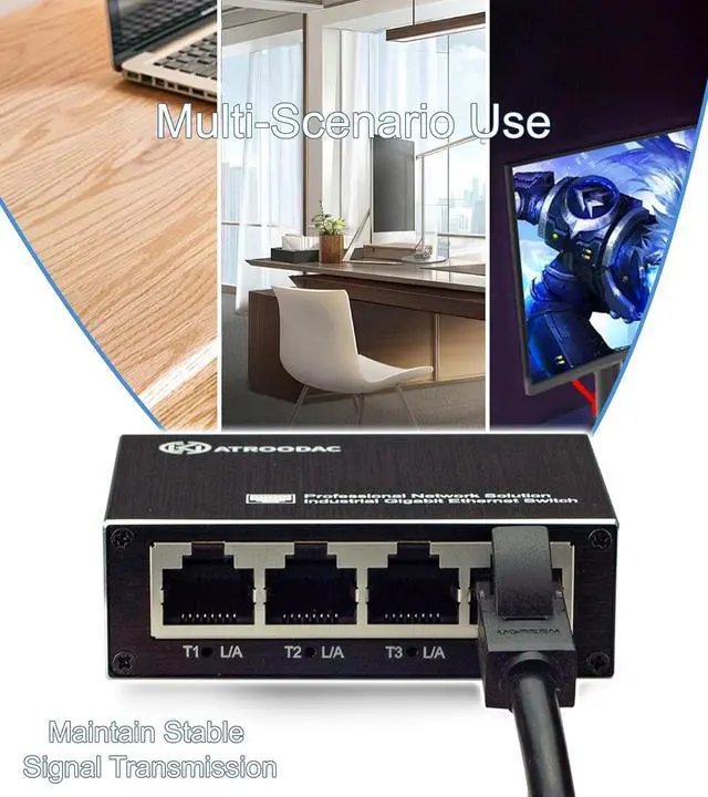 Alt view image 7 of 7 - Mini Ethernet Switch 5 Ports Gigabit Enhanced Protection 10/100/1000 Mbps Unmanaged Network Switch Plug & Play Office Ethernet Splitter Fanless Silent Metal Case Network Hub Desktop Design