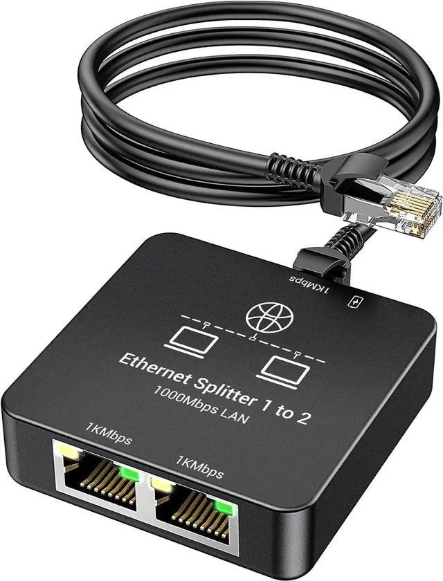 Main image of Ethernet Splitter 1 to 2 Ethernet Cable Splitter Internet Switch 2 Port Network Gigabit LAN RJ45 1000Mbps 1 in 2 Out Compatible with Cat 8 7 6 5 5e, Router PC Laptop Printer PS5 PS4 TV Box