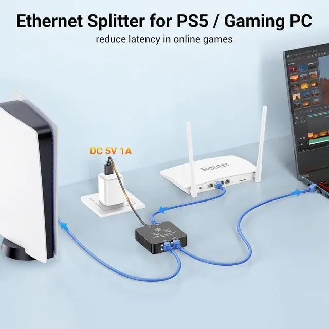 Alt view image 4 of 7 - Ethernet Splitter 1 to 2 Ethernet Cable Splitter Internet Switch 2 Port Network Gigabit LAN RJ45 1000Mbps 1 in 2 Out Compatible with Cat 8 7 6 5 5e, Router PC Laptop Printer PS5 PS4 TV Box