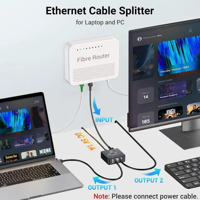 Alt view image 3 of 7 - Ethernet Splitter 1 to 2 Ethernet Cable Splitter Internet Switch 2 Port Network Gigabit LAN RJ45 1000Mbps 1 in 2 Out Compatible with Cat 8 7 6 5 5e, Router PC Laptop Printer PS5 PS4 TV Box