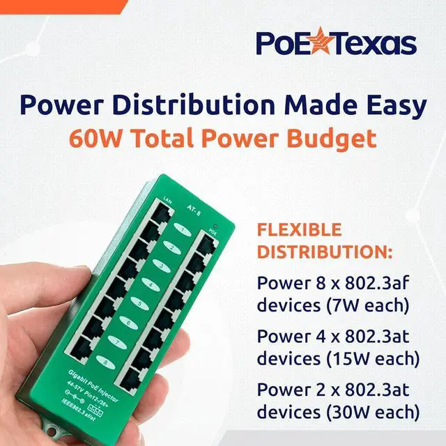Alt view image 2 of 7 - PoE Texas 8 Port PoE/PoE+ Active Mode A Injector with 48V 60W Power Supply - Add PoE+ to Any Switch or Router - 802.3at/af Compliant PoE Midspan for WiFi Access Points, IP Cameras, VoIP Phones