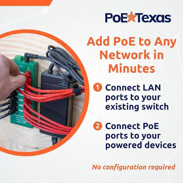 Alt view image 4 of 7 - PoE Texas 8 Port PoE/PoE+ Active Mode A Injector with 48V 60W Power Supply - Add PoE+ to Any Switch or Router - 802.3at/af Compliant PoE Midspan for WiFi Access Points, IP Cameras, VoIP Phones
