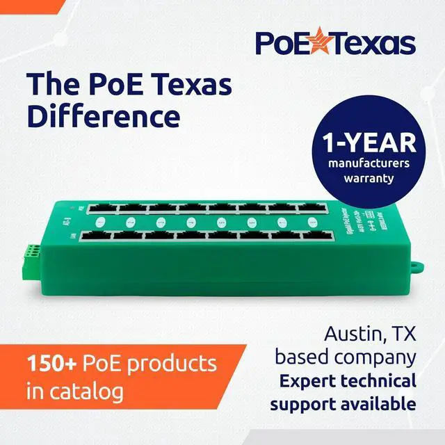 Alt view image 7 of 7 - PoE Texas 8 Port PoE/PoE+ Active Mode A Injector with 48V 60W Power Supply - Add PoE+ to Any Switch or Router - 802.3at/af Compliant PoE Midspan for WiFi Access Points, IP Cameras, VoIP Phones