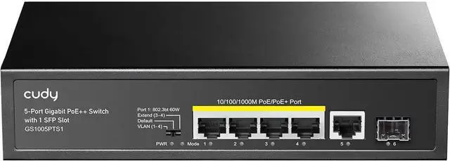 Main image of Cudy GS1005P 5 Port Gigabit PoE Switch, 4 PoE+ @60W, Desktop/Wall, Plug and Play, Sturdy Metal w/ Shielded Ports, Fanless, Traffic Optimization