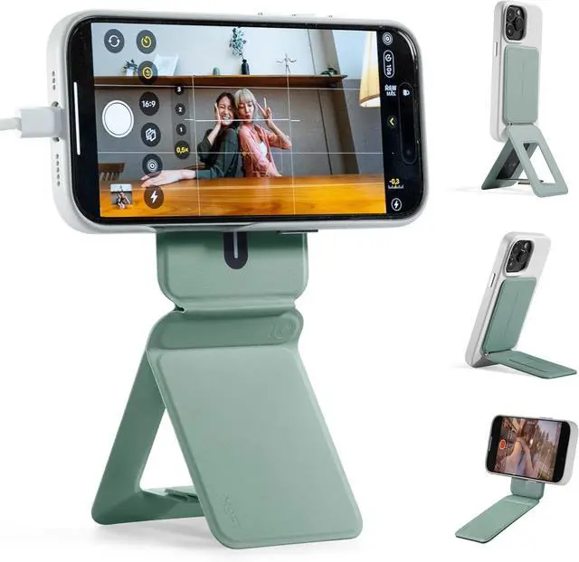 Main image of MOFT Phone Tripod Stand Selfie Stick for iPhone, Multi-Angles iPhone Stand, Lightweight & Portable Phone Holder, Strong Magnets, MOVAS Vegan Leather, Travel Essentials, Seafoam (Without Card Slot)