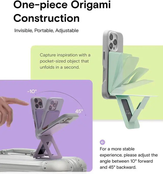 Alt view image 3 of 7 - MOFT Phone Tripod Stand Selfie Stick for iPhone, Multi-Angles iPhone Stand, Lightweight & Portable Phone Holder, Strong Magnets, MOVAS Vegan Leather, Travel Essentials, Seafoam (Without Card Slot)