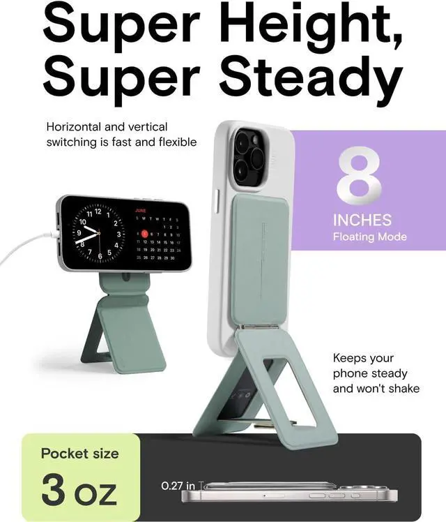 Alt view image 6 of 7 - MOFT Phone Tripod Stand Selfie Stick for iPhone, Multi-Angles iPhone Stand, Lightweight & Portable Phone Holder, Strong Magnets, MOVAS Vegan Leather, Travel Essentials, Seafoam (Without Card Slot)