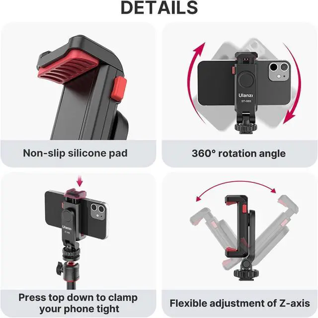 Alt view image 6 of 7 - ULANZI Phone Tripod Mount ST-06S, New Universal Smartphone Mount Adapter with 2 Cold Shoe, 360° Rotates Adjustable Cell Phone Clip Clamp Holder, Compatible with iPhone, Samsung Galaxy and All Phones