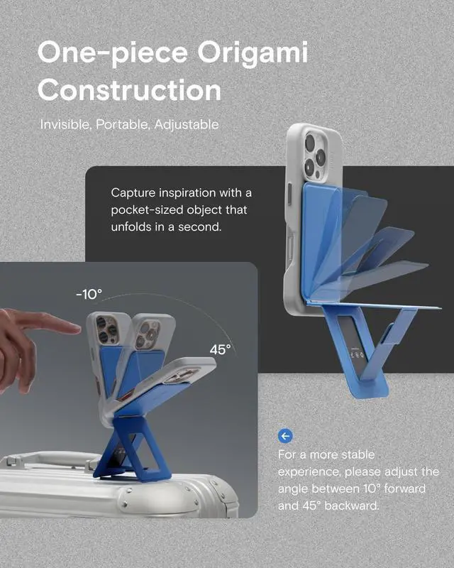 Alt view image 4 of 7 - MOFT Phone Tripod Stand Selfie Stick for iPhone, Multi-Angles iPhone Stand, Lightweight & Portable Phone Holder, Strong Magnets, MOVAS Vegan Leather, Travel Essentials, Misty Cove (Without Card Slot)