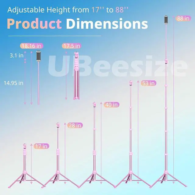 Alt view image 2 of 6 - UBeesize 88 Flexible Phone Tripod with 14.95 Gooseneck, Remote and Phone Holder, Overhead Cell Phone StandSelfie Stick for Video Recording, Compatible with iPhone Android Phone, Camera Pink