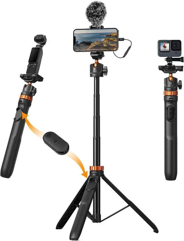 Main image of K&F Concept 62'' Phone Selfie Stick Tripod, 2-in-1 Lightweight Cellphone Holder and Camera Stand with Remote, Compatible with GoPro/Insta360 X5X4/DJI OSMO 360 Pocket 3.