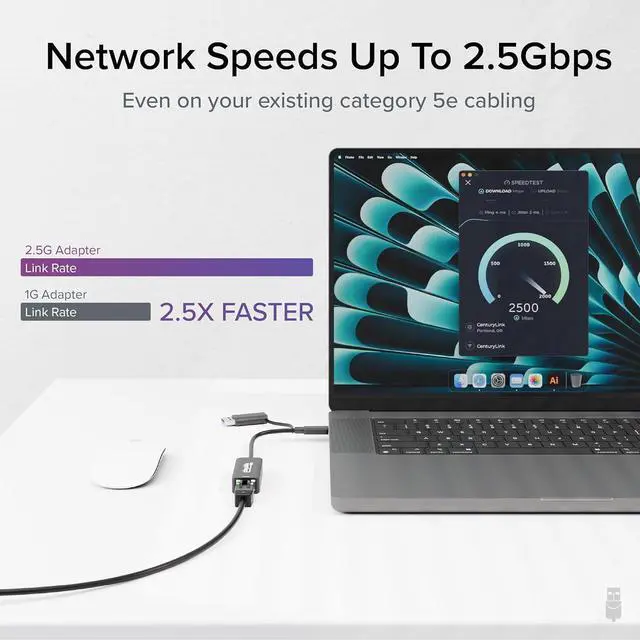 Alt view image 3 of 7 - Plugable 2.5G USB-C and USB to Ethernet Adapter  Dual-Connector 2-in-1 USB-C to RJ45 2.5Gbps LAN, Compatible with Thunderbolt 5 & 4, USB4, USB 3.0, Windows, Mac, ChromeOS, iPhone 15 & 16