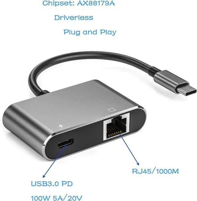 Alt view image 3 of 7 - ULANSeN USB C to RJ45 LAN Ethernet Gigabit Network Adapter with Chippset AX88179 with 100W PD Charging for Windows/iOS/iPadOS/macOS/Linux