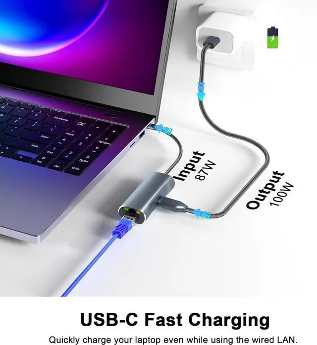 Alt view image 4 of 7 - USB C to Ethernet Adapter with 100W Charging Port, Aibilangose 1Gbps Ethernet to USB C Adapter for Chromecast with Google TV, Type-C Gigabit Ethernet LAN Network Connector with Power Delivery