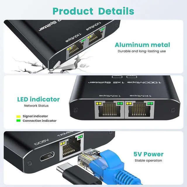 Alt view image 3 of 7 - Ethernet Splitter 1 to 2, High Speed Gigabit 1000Mbps, LAN Network Splitter with USB Power Cable, Gigabit RJ45 Internet Ethernet Splitter for Cat 5/5e/6/7/8 Cable [2 Devices Networked Simultaneously]