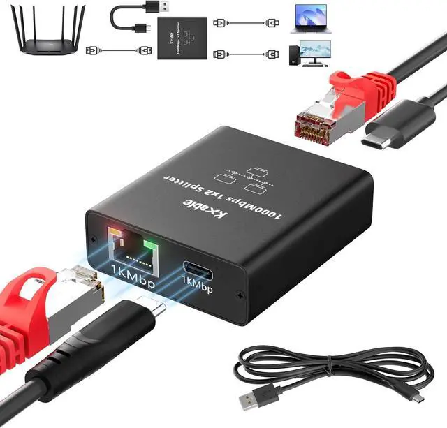 Main image of USB-C to 2x RJ45 Ethernet Splitter, Gigabit LAN Adapter, 1Gbps, for MacBook to Ethernet