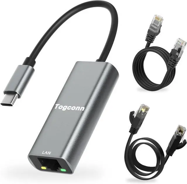 Main image of USB C to Ethernet Adapter, USB 3.1 Type-C to RJ45 Connectors, USB-C to Gigabit LAN Network Internet Adapter, for MacBook, Laptop, PC and More, Aluminum with 2 Pack 4Feet Cat6 Cables